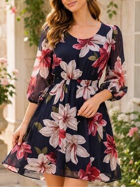 En Focus Studio Navy Floral Smocked Waist Dress Size 4 Sheer Sleeve